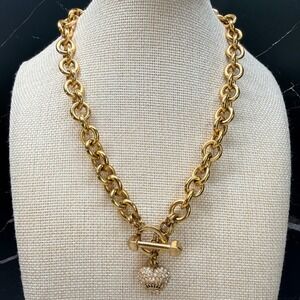 Vintage Juicy Couture Gold Tone Pave Crown Heart Toggle Necklace 20" Y2K